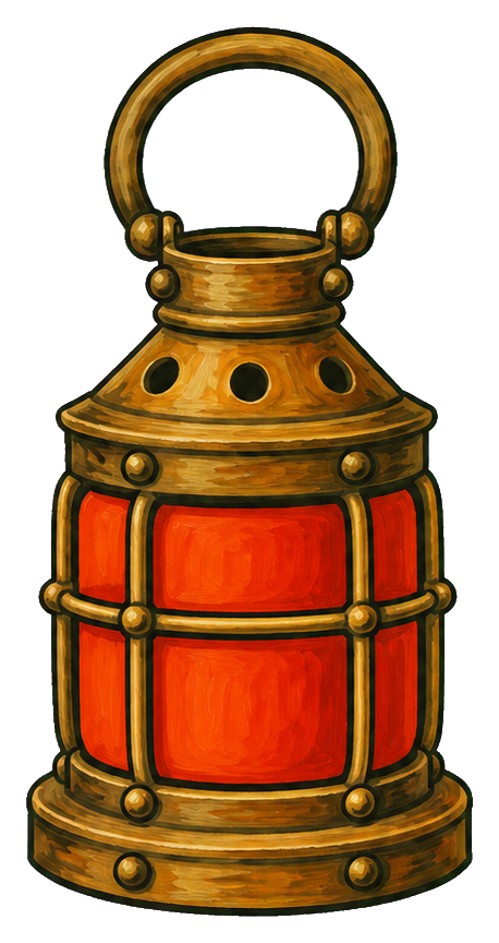 Illustrated red coastal lantern with a gold frame and circular handle
