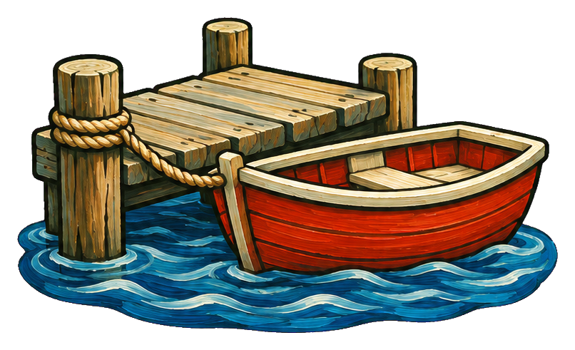 Folk art style lighthouse beside a rowboat floating at a wooden dock