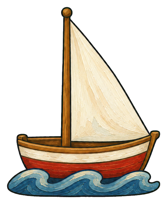 Folk art sailboat with a lighthouse mast riding blue ocean waves