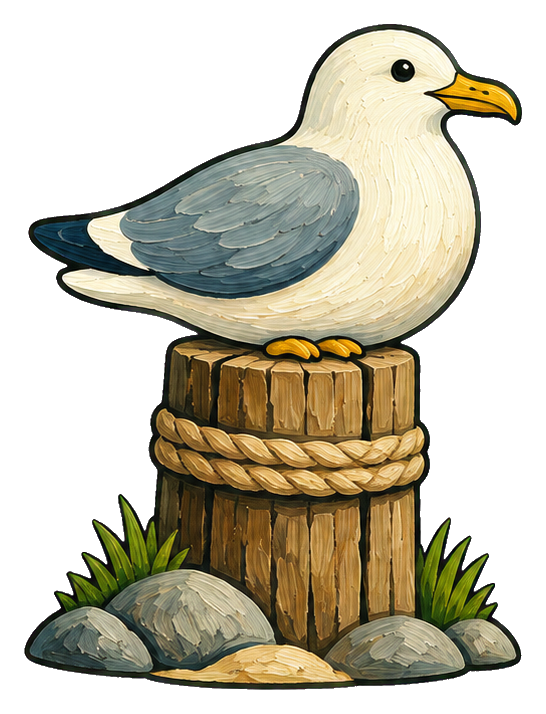 Folk art seagull perched on a wooden post beside rocks and grass