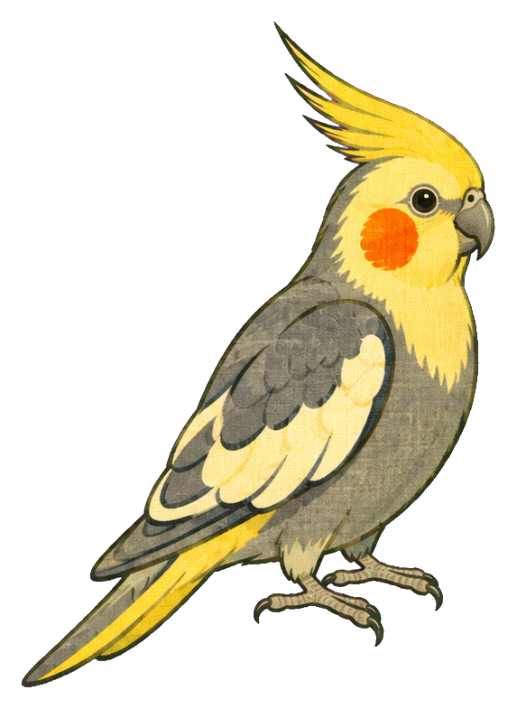 Cockatiel with yellow crest, orange cheek patches, and gray wings standing in profile.