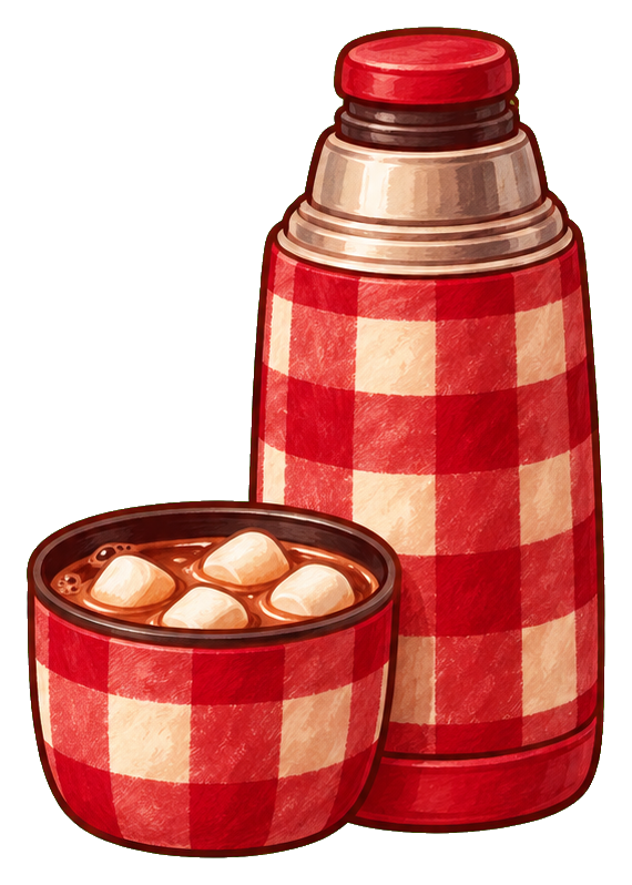 Red checkered thermos and cup filled with hot cocoa and marshmallows