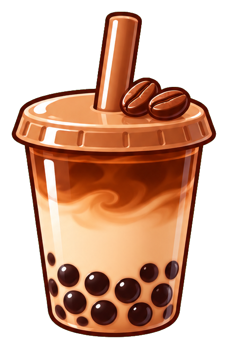 Cute iced coffee boba tea cup with straw and three coffee beans on top