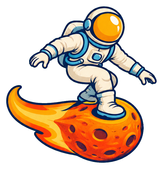 Retro astronaut surfing a flaming comet in outer space