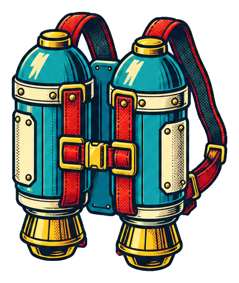 Comic-style twin jetpack with blue tanks, red straps, and yellow thrusters.
