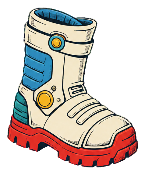Comic-style illustrated space boot with red sole and blue accents