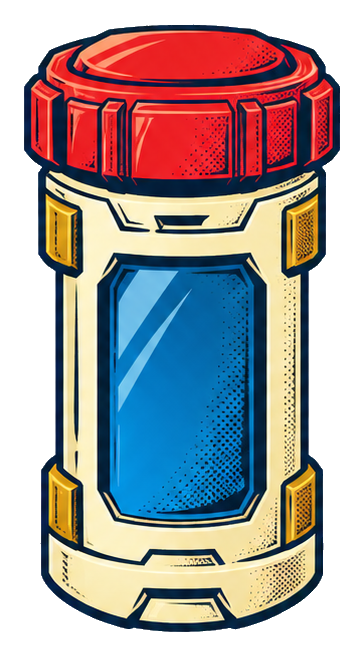 Comic-style space capsule with a red top and blue center window.
