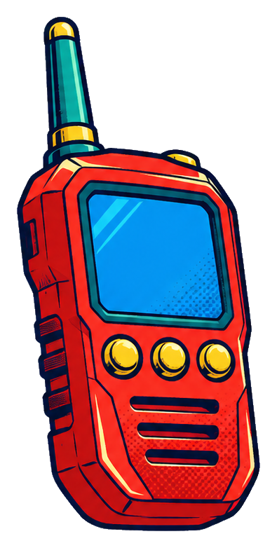 Red comic-style handheld space communicator with blue screen and antenna