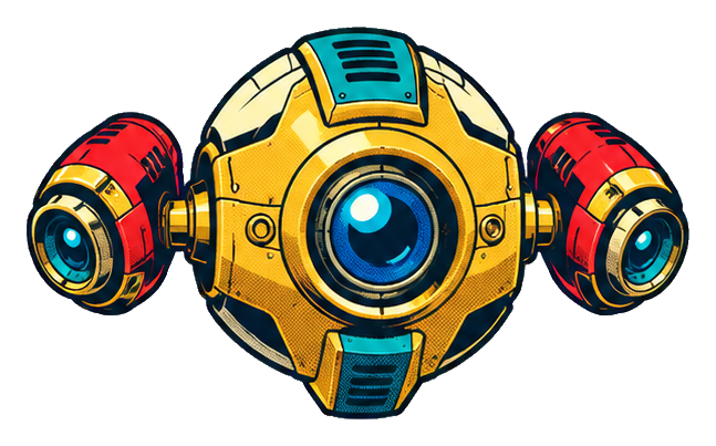 Yellow comic-style space drone with blue lens and red side thrusters