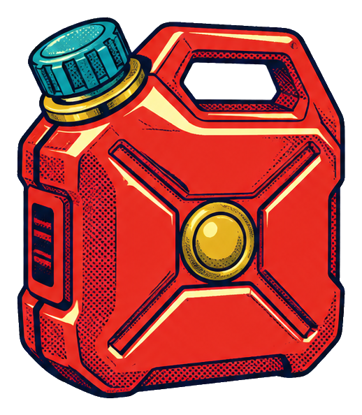 Red comic-style fuel can with a blue cap and yellow center detail