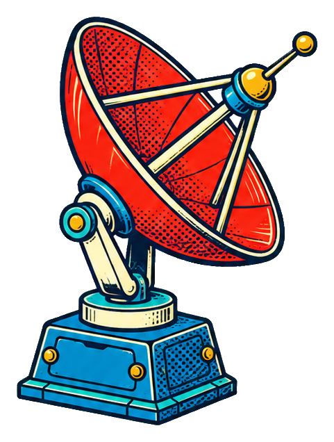 Comic-style red satellite dish antenna with a blue base and mechanical stand.