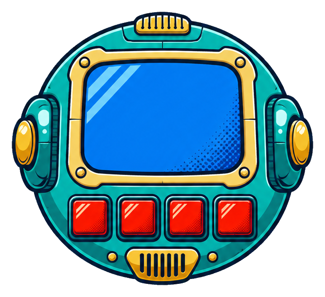 Comic-style blue space control pad with buttons and side dials.