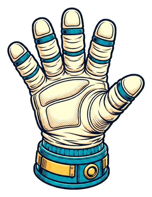 A comic-style space glove with blue wrist cuff and raised fingers.