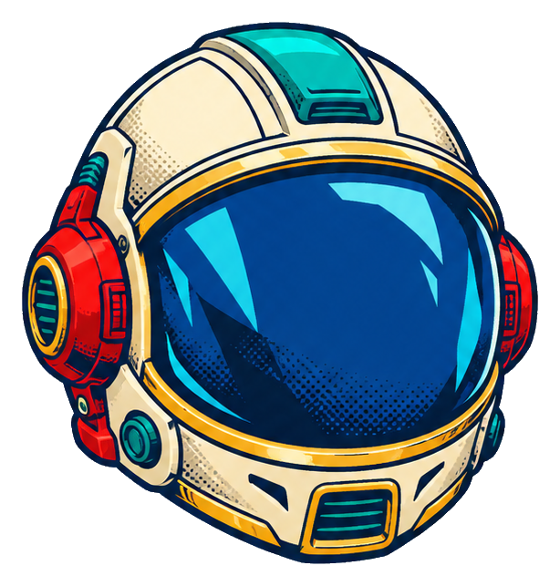 Comic-style space helmet with blue visor and red side details