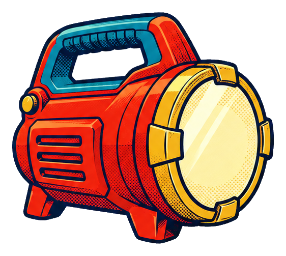 Comic-style red and yellow space lamp gadget sticker with a glowing round front panel.
