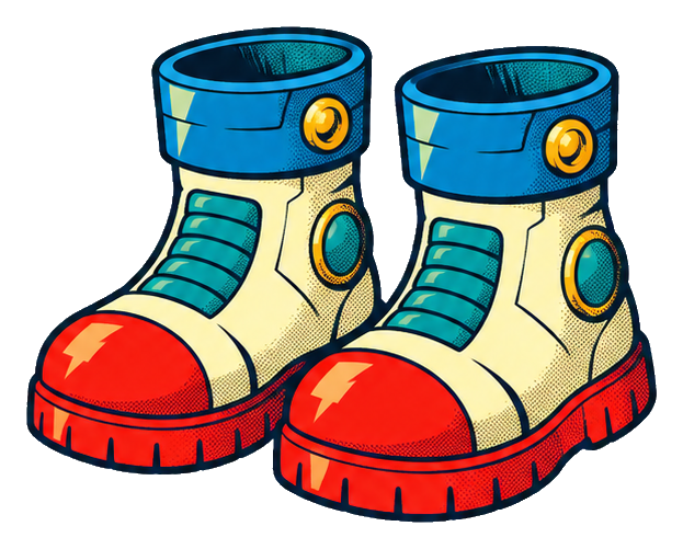 Cartoon pair of red, cream, and blue magnetic space boots with thick soles.
