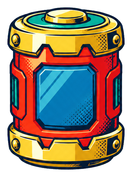 Comic-style yellow and red plasma battery with a blue center panel.