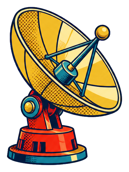 Comic-style radar dish space gadget sticker with bold outlines and mechanical base