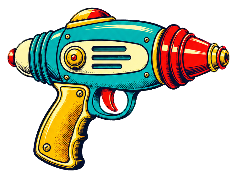 Colorful comic-style ray blaster with a blue body, yellow handle, and red nozzle.