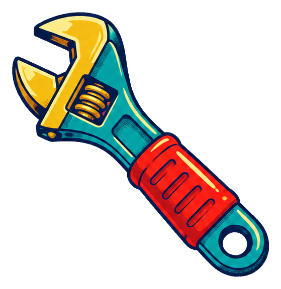 Comic-style blue, yellow, and red repair wrench sticker with a bold outlined design.