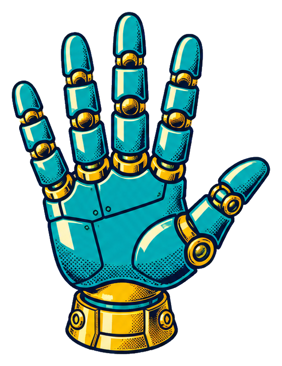Blue comic-style robot hand with gold details, raised fingers, and a gold wrist base