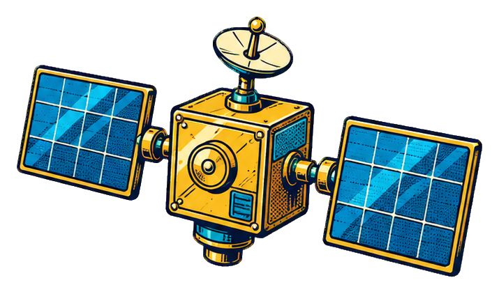 Comic-style satellite with blue solar panels and a small antenna dish.