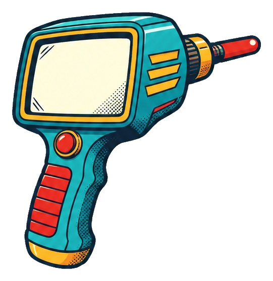 Retro comic-style handheld scanner with teal body and red accents.