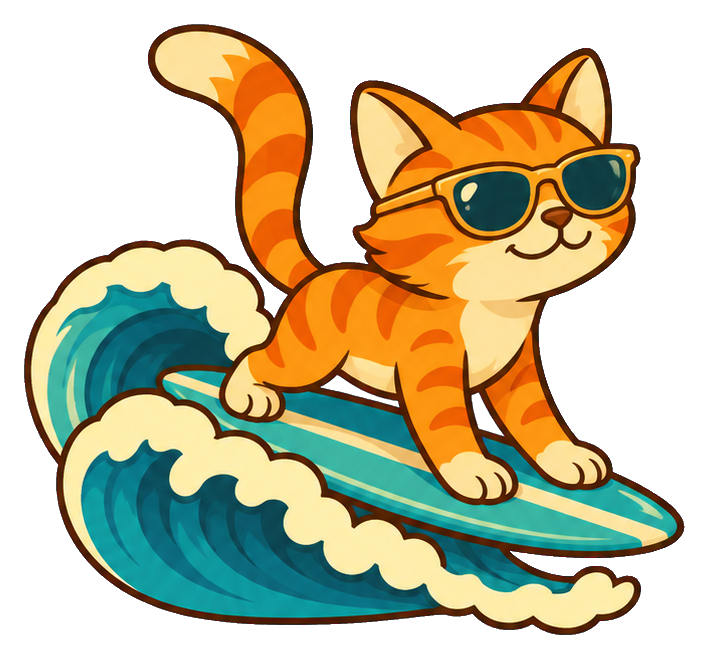 Orange cat wearing sunglasses rides a surfboard on a curling blue wave.