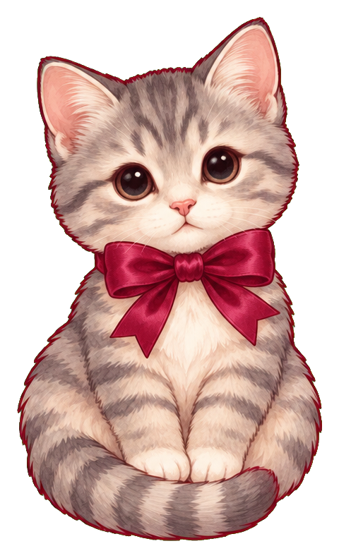 Cute gray kitten sitting with a large pink bow around its neck.