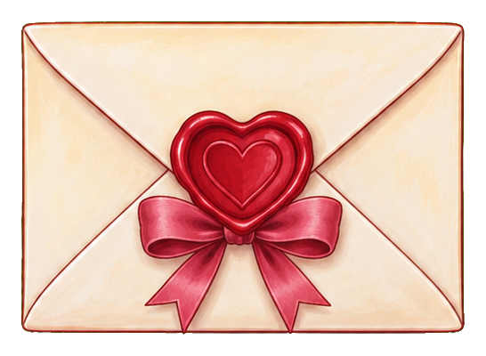 Pink envelope with a red heart seal and bow ribbon sticker
