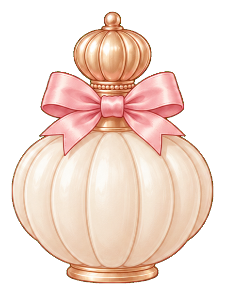 Illustrated perfume bottle with a pink bow on top and a pink ribbon at the center