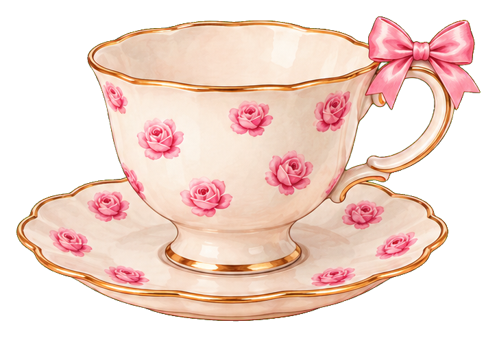 Pink teacup and saucer with rose pattern and a bow on the handle