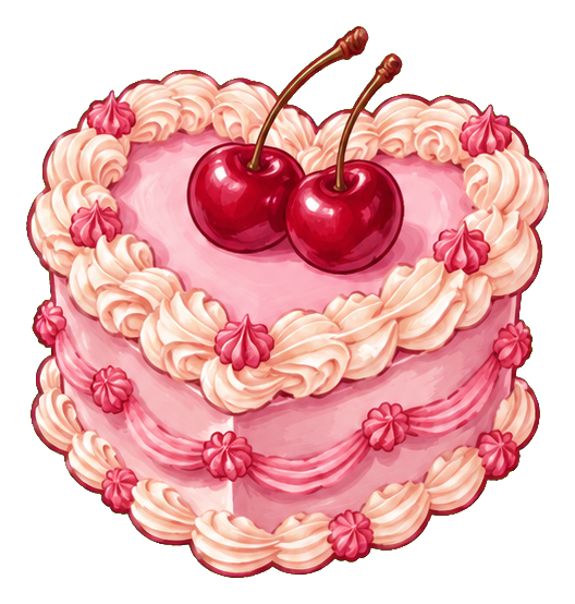 Pink heart-shaped cake with whipped frosting, cherries, and small bows