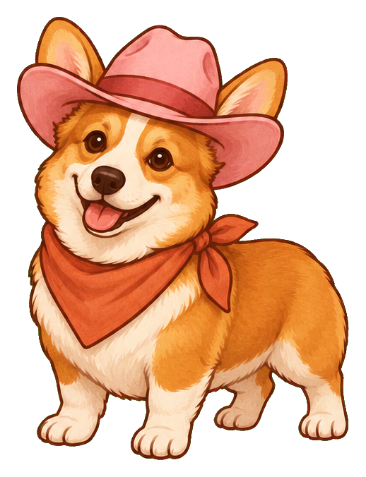 Smiling corgi wearing a cowboy hat and bandana as a western cowgirl pup sticker.