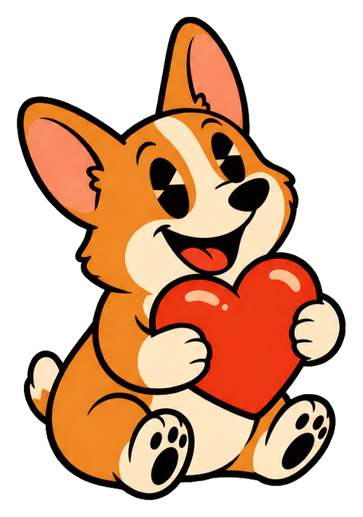 Cute orange corgi hugging a red heart with a smiling retro cartoon style.