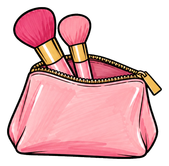 Pink makeup bag with two makeup brushes inside as a sticker graphic