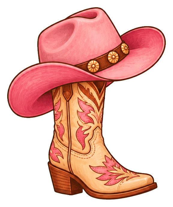 Pink cowgirl hat sitting on a decorative western boot sticker.