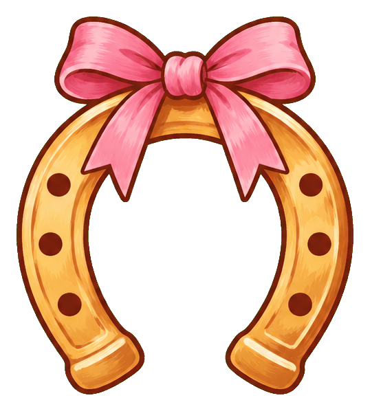Pink ribbon tied to a golden horseshoe sticker with a transparent background.