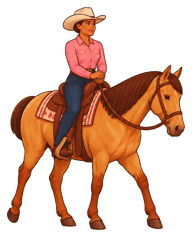 Cowgirl wearing a cowboy hat riding a horse in a western pose.