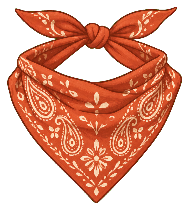 Orange paisley bandana tied at the top in a western style.
