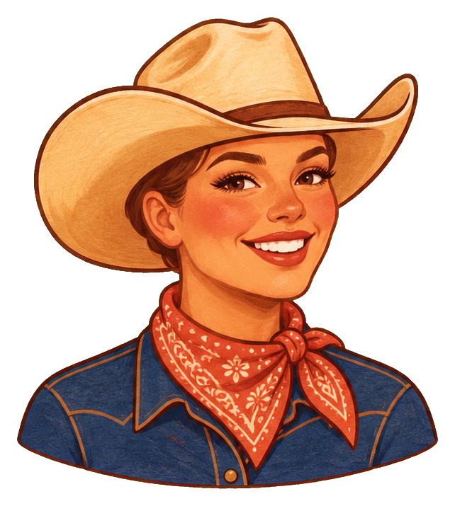 Smiling cowgirl wearing a cowboy hat and bandana, shown as a portrait sticker.