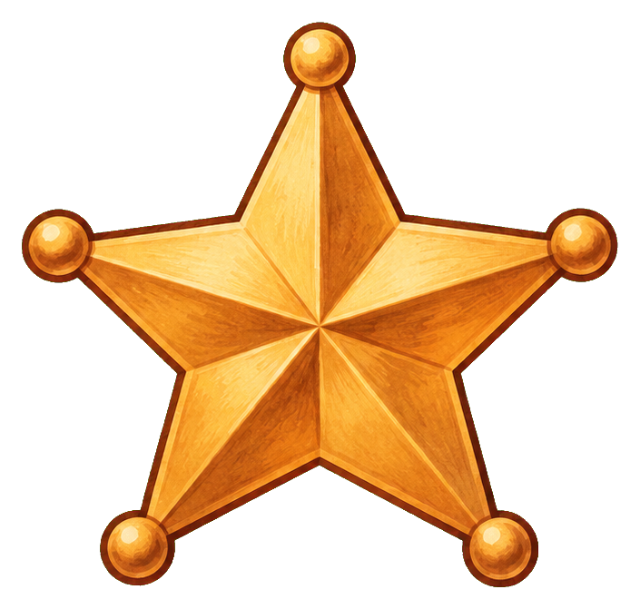 Gold sheriff star badge sticker with five rounded points and decorative rivet details
