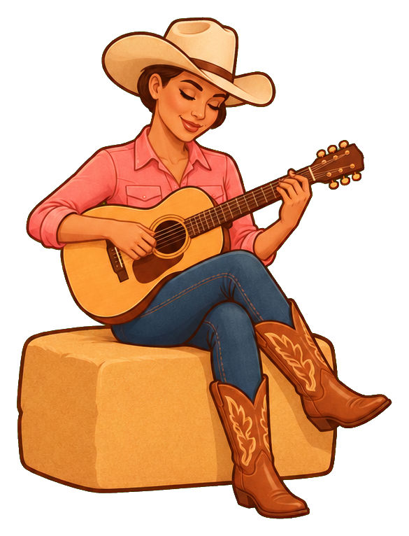 Cowgirl in a cowboy hat sits on a hay bale and plays an acoustic guitar.