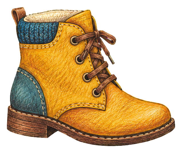Yellow ankle boot with blue knit cuff and brown laces