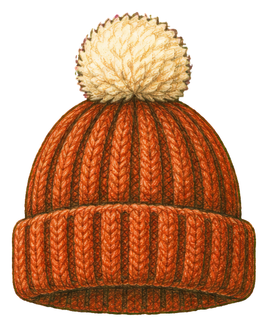 Orange knitted beanie with a cream pom pom on top