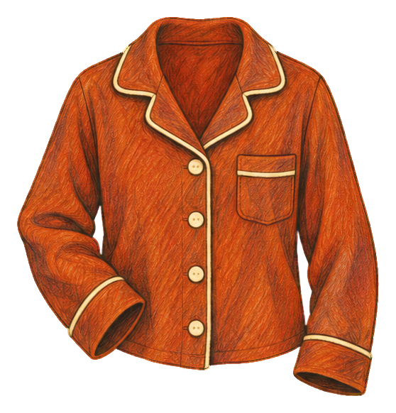 Orange button-up pajama top sticker with collar, pocket, and cuffed sleeves