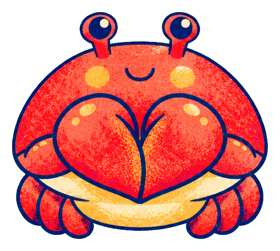 Cute red crab holding a heart shape with a smiling face and raised eyes