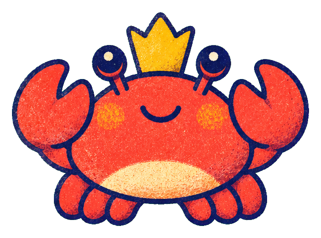 Cute red crab wearing a yellow crown with raised claws and a smiling face.