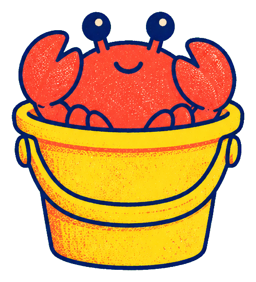 Cute crab sitting in a beach bucket with raised claws and a transparent background.