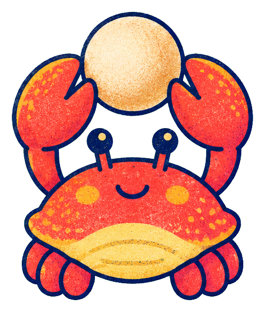 Cute crab holding a pearl with a smiling face and raised claws.